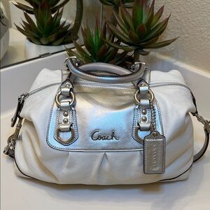 Coach Ashley Silver and White Leather Satchel